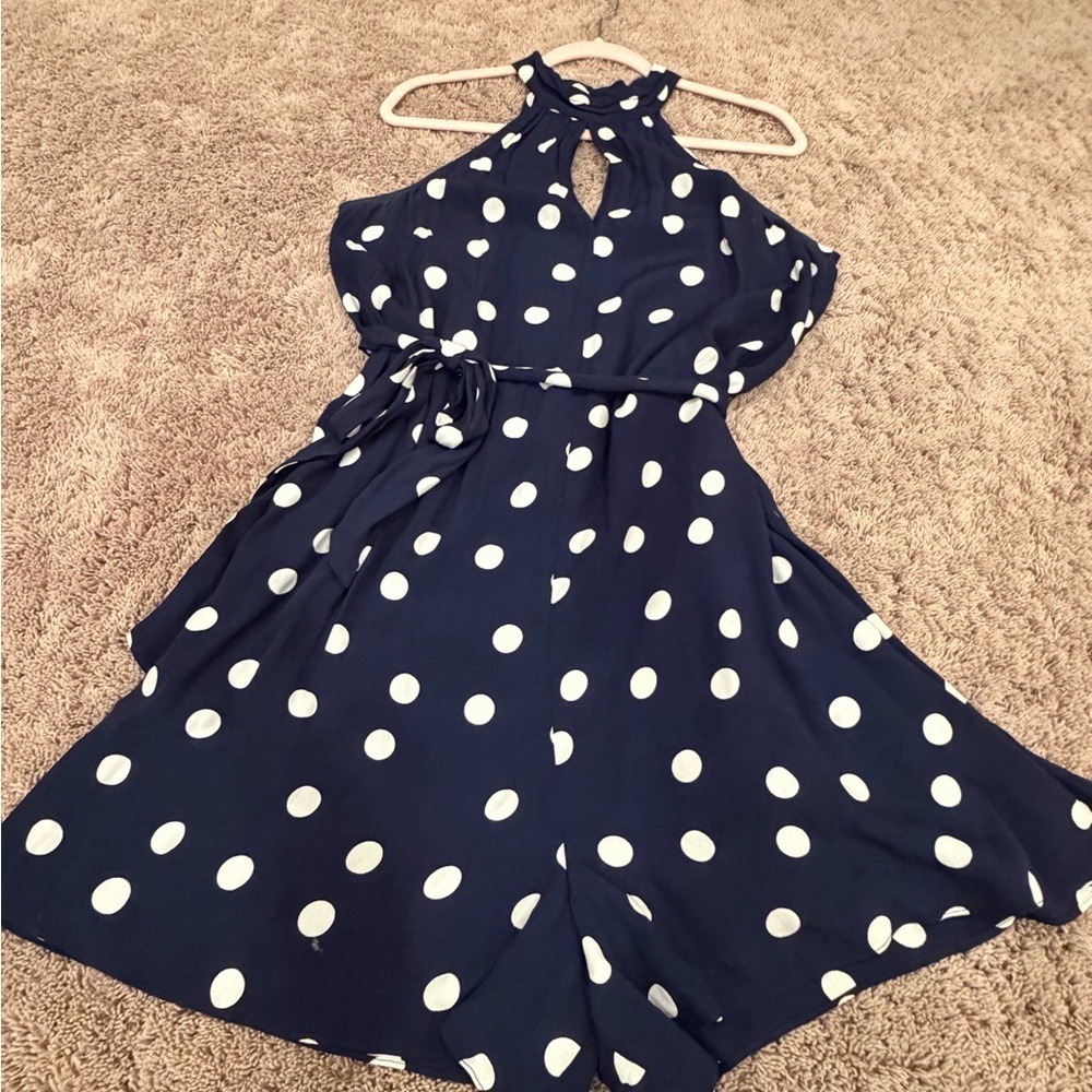 Large Anthropologie Maddie halter romper Navy blue White Polka Dot shorts - Picture 2 of 16
